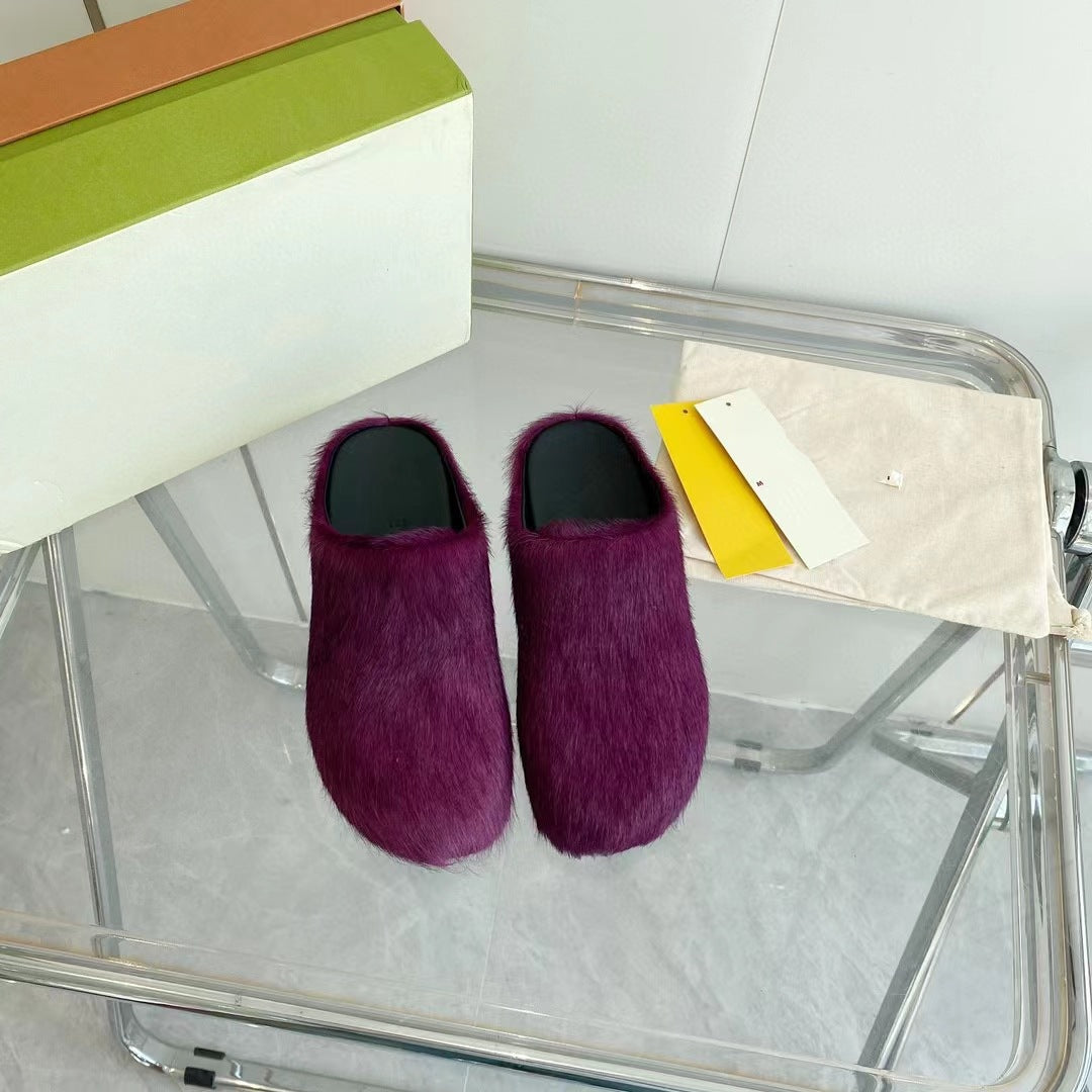 2024 New Couple Candy Color Internet Celebrity Same Style Fashion Closed-Toe Fur Slippers Women Flat Casual Horse Hair Half Slippers Men Shoes