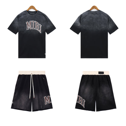Ami Summer Washed and Worn Casual Letter American T-shirt Loose Men's and Women's Same Shorts Suit