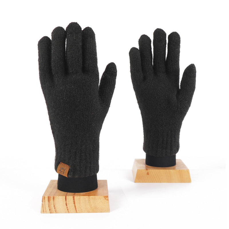 2024 Winter Popular Japanese Wool Knitted Plaid Gloves Fleece-lined Thickened Cycling Five-Finger Touch Screen Warm Gloves