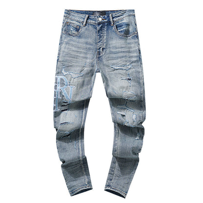 Jeans Washed and Distressed Retro Tattered Jeans Splash Ink Ruffle Handsome and Beautiful Style