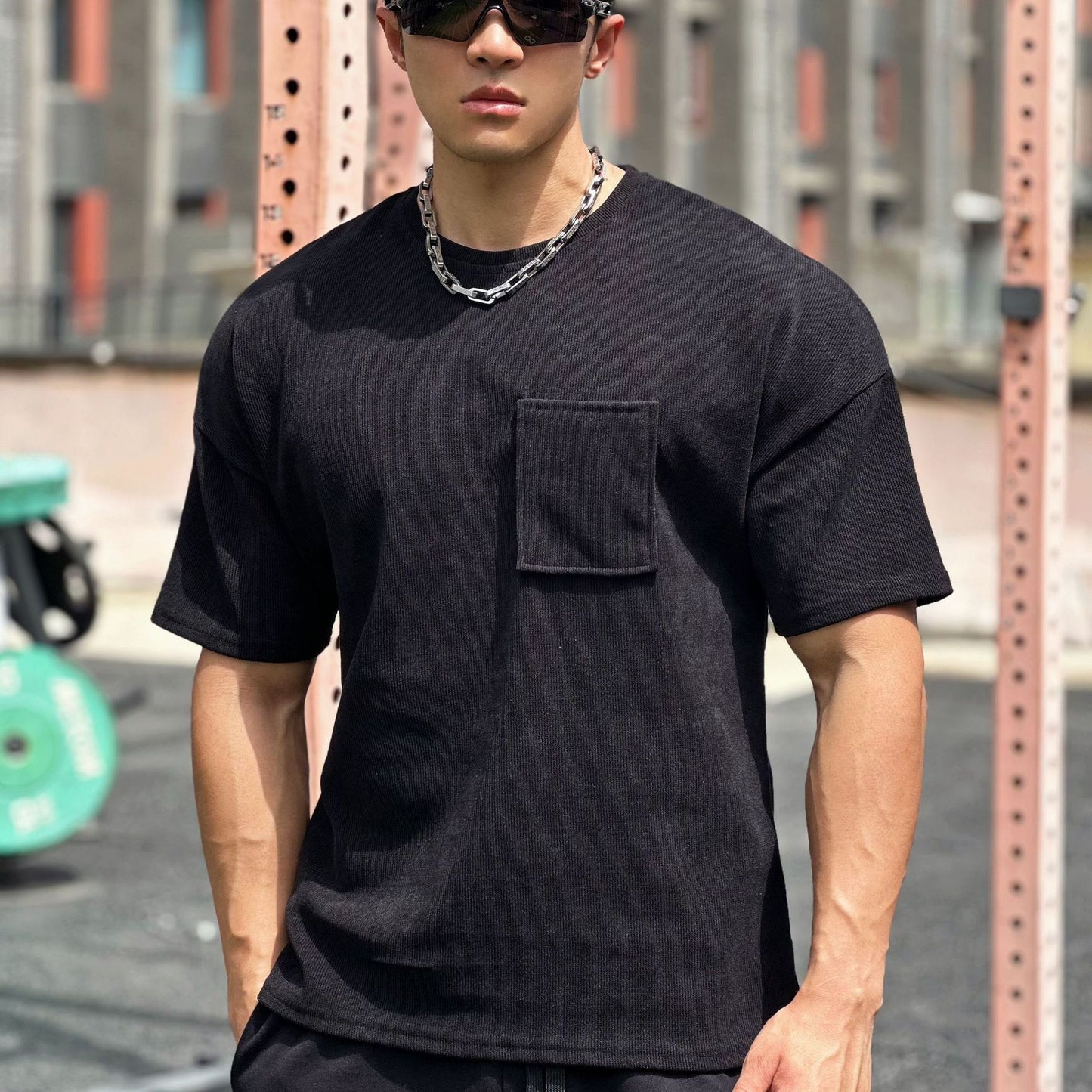 New Muscle Fitness Brothers Sports Men's T-Shirt Spring Summer Round Neck Corduroy Casual Running Men's Pocket T-Shirt