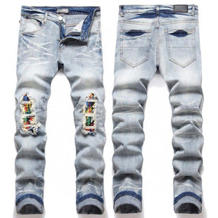 American Style Trendy Brand Jeans for Men with Patch Embroidery High Street Basic Ripped Skinny Fashion Casual Stretch Straight Long Pants