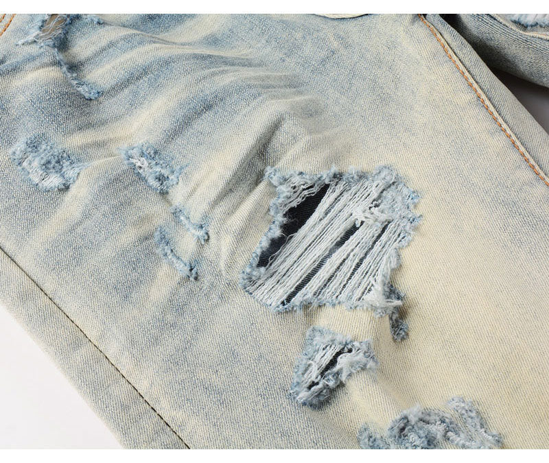 High Street Fashion Men's Jeans with Ripped Patches, Distressed Light Blue Slightly Stretchy Slim Fit Skinny Pants, Trendy Long Pants for Men