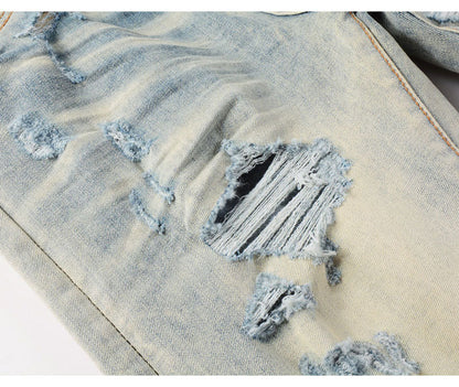 High Street Fashion Men's Jeans with Ripped Patches, Distressed Light Blue Slightly Stretchy Slim Fit Skinny Pants, Trendy Long Pants for Men