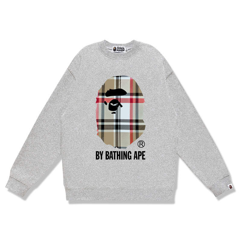 Terry Sweatshirt with Ape Man Letter Print, Unisex, Pure Cotton, Loose Fit, Thin, Crew Neck Pullover Top, Outerwear