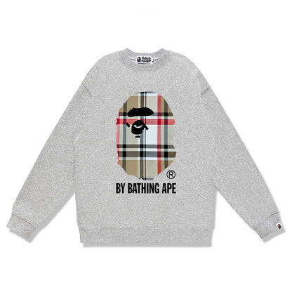 Terry Sweatshirt with Ape Man Letter Print, Unisex, Pure Cotton, Loose Fit, Thin, Crew Neck Pullover Top, Outerwear