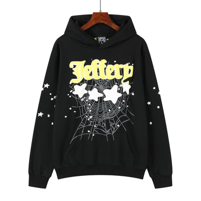 Beautiful Fashion Brand Men's and Women's Same Style 555555 Cobweb Puff Print Hip Hop Loose Heavy Terry Hooded Sweater Set