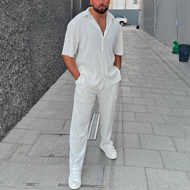 Men's Casual Loose Beachwear Solid Color Striped Short Sleeve Suit Southeast Asian Men's Shirt Two-Piece Set
