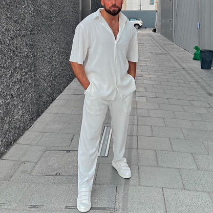 Men's Casual Loose Beachwear Solid Color Striped Short Sleeve Suit Southeast Asian Men's Shirt Two-Piece Set