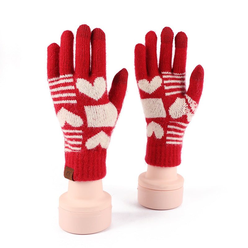 2024 Winter Popular Japanese Wool Knitted Plaid Gloves Fleece-lined Thickened Cycling Five-Finger Touch Screen Warm Gloves