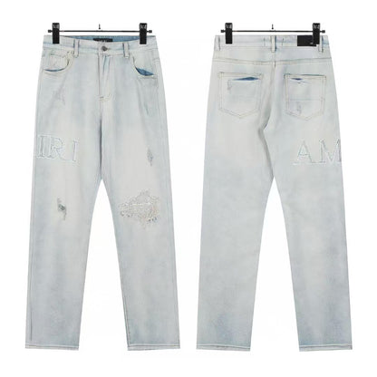Cross-Border Foreign Trade AM American High Street Ripped Patch Letter Embroidery Washed Slim Straight Skinny Jeans Long Pants
