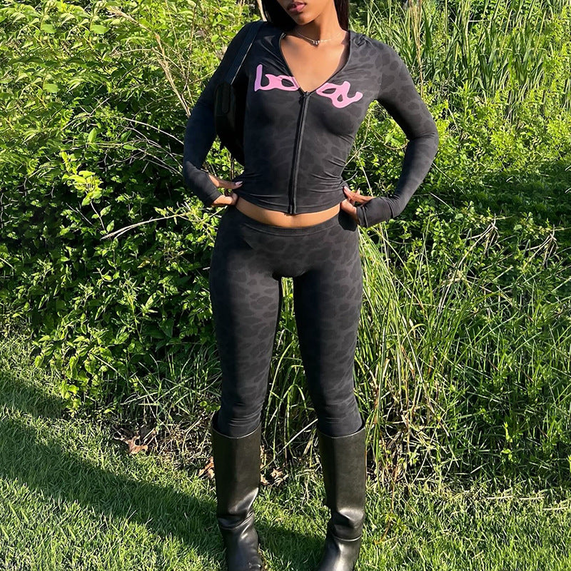 2025 Autumn Women's New Fashion Hooded Camouflage Print Long Sleeve Sports Trendy Slim Fit Long Pants Two-Piece Set