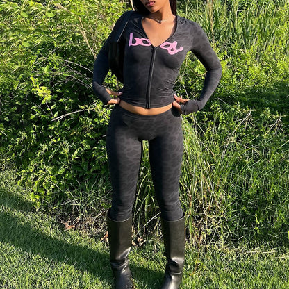 2025 Autumn Women's New Fashion Hooded Camouflage Print Long Sleeve Sports Trendy Slim Fit Long Pants Two-Piece Set