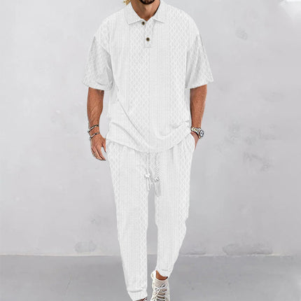 2025  Short-Sleeved Men's T-shirt Loose Leisure Suit Summer Simplicity Solid Color Jacquard Heavy T-shirt Trousers Suit