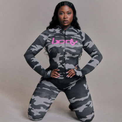 2025 Autumn Women's New Fashion Hooded Camouflage Print Long Sleeve Sports Trendy Slim Fit Long Pants Two-Piece Set