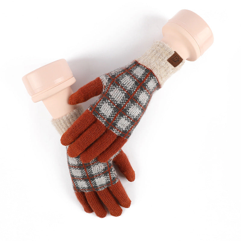 2024 Winter Popular Japanese Wool Knitted Plaid Gloves Fleece-lined Thickened Cycling Five-Finger Touch Screen Warm Gloves