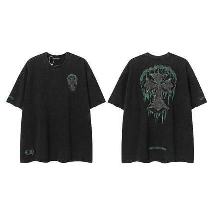 2025 New CHRM Heart Cross Sanskrit Patch Print Embroidery Loose Short Sleeve for Men and Women