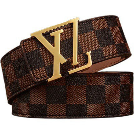 New Men's Belt Smooth Buckle Waist Belt Letter Youth Plaid Pattern Belt Korean Style Trendy Casual Versatile