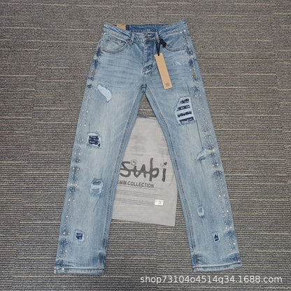 Men's KSB Jeans Straight Leg Ripped Stretch American High Street Casual Men's Jeans