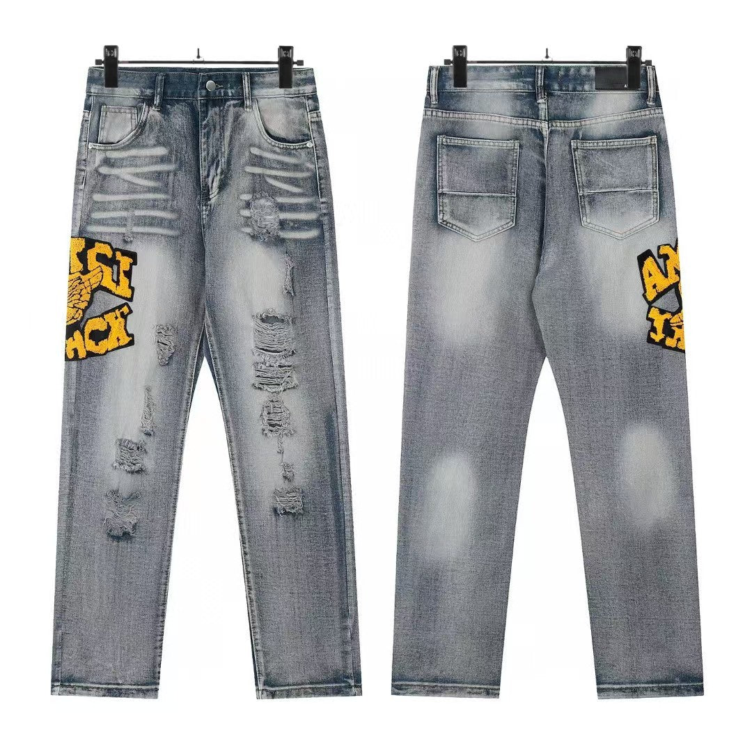 Cross-Border Foreign Trade AM American High Street Ripped Patch Letter Embroidery Washed Slim Straight Skinny Jeans Long Pants