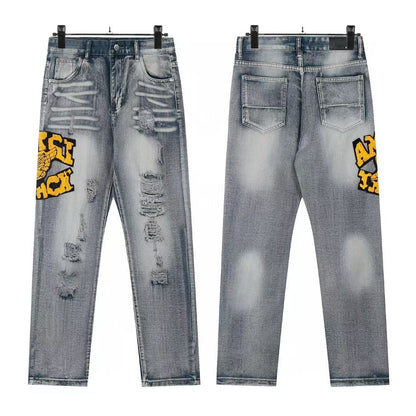 Cross-Border Foreign Trade AM American High Street Ripped Patch Letter Embroidery Washed Slim Straight Skinny Jeans Long Pants