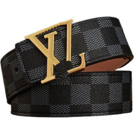 New Men's Belt Smooth Buckle Waist Belt Letter Youth Plaid Pattern Belt Korean Style Trendy Casual Versatile
