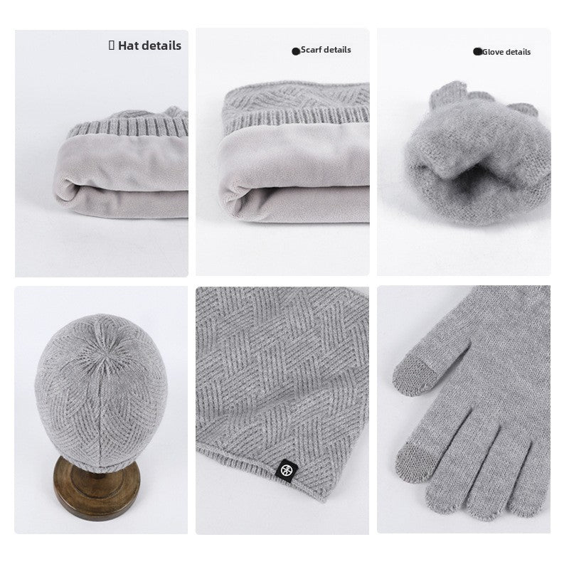 Winter neck warm three-piece hat, scarf and gloves three-piece knitted and fleece-thickened winterproof wool suit