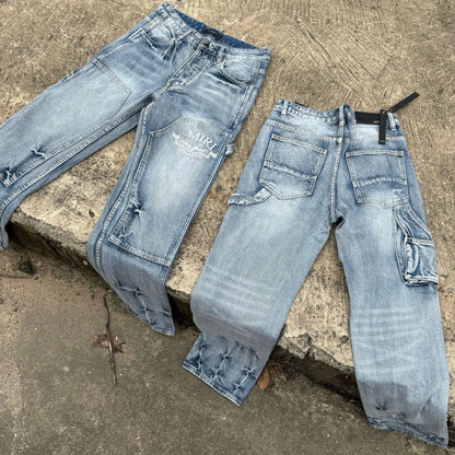 GMAMI New Logging Jeans Embroidered Washed Ripped Jeans Long Pants Unisex