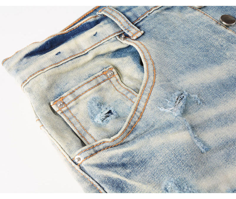 High Street Fashion Men's Jeans with Ripped Patches, Distressed Light Blue Slightly Stretchy Slim Fit Skinny Pants, Trendy Long Pants for Men
