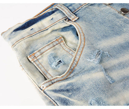 High Street Fashion Men's Jeans with Ripped Patches, Distressed Light Blue Slightly Stretchy Slim Fit Skinny Pants, Trendy Long Pants for Men