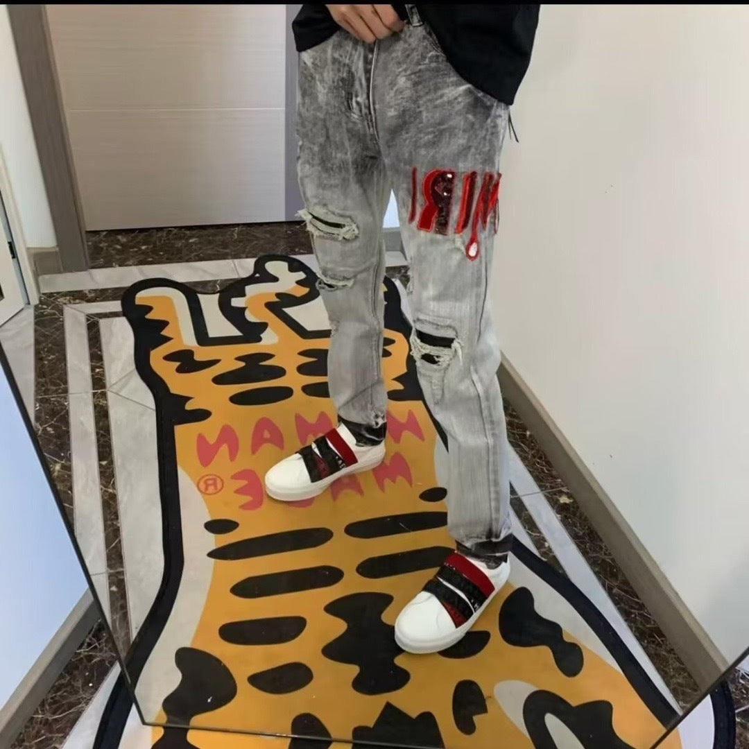 Cross-Border Foreign Trade AM American High Street Ripped Patch Letter Embroidery Washed Slim Straight Skinny Jeans Long Pants