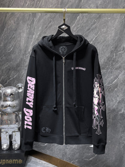 Ch Classic Sanskrit Letter Printing Miami Spice Zipper Coat Sweatshirt