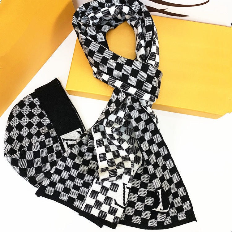 European and American Style Scarf Hat Two-Piece Suit Knitted Men's Wool Leather Tag Scarf Chess Plaid Warm Boys Scarf