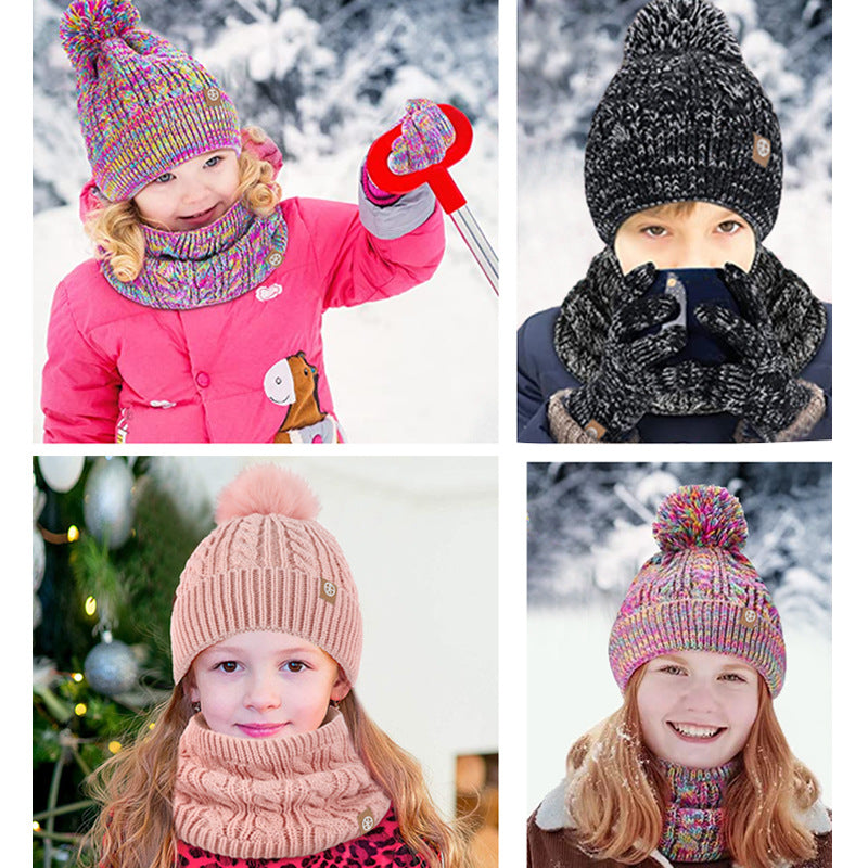 Children's Fur Ball Hat Scarf Gloves Three-Piece Set Winter Children Fleece-lined Thermal Knitting Suit