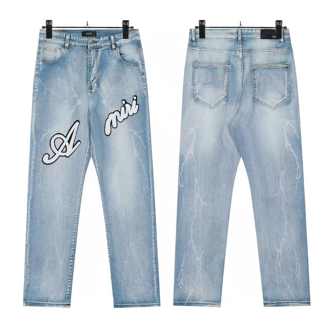 Cross-Border Foreign Trade AM American High Street Ripped Patch Letter Embroidery Washed Slim Straight Skinny Jeans Long Pants