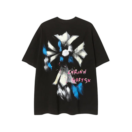 2025 New CHRM Heart Cross Sanskrit Patch Print Embroidery Loose Short Sleeve for Men and Women