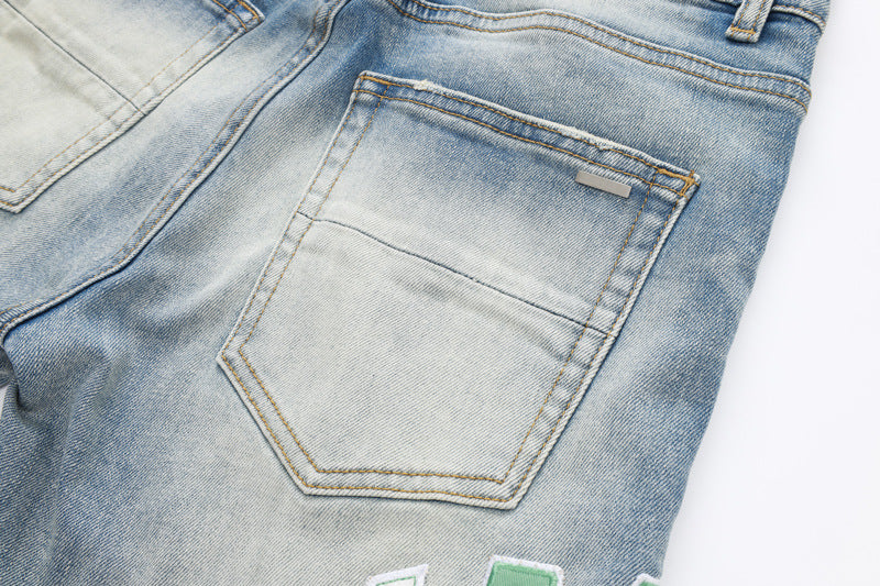 Fashion Street Style Men's Denim Shorts Summer Light Blue Trendy Brand Embroidered Patch Elastic Five-Point Denim Mid-Length Shorts