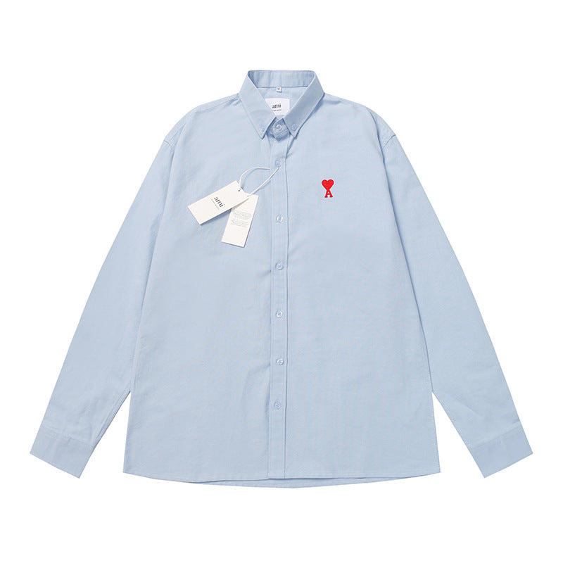 Trendy Brand Am* Small Heart Embroidered Shirt Casual Loose Fit Unisex Couple Style Amy Cotton Long Sleeve Top(2)