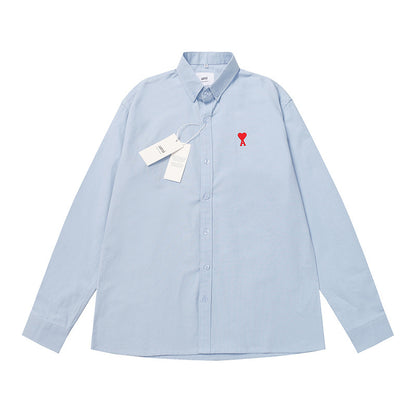 Trendy Brand Am* Small Heart Embroidered Shirt Casual Loose Fit Unisex Couple Style Amy Cotton Long Sleeve Top(2)