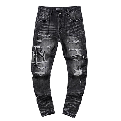 Jeans Washed and Distressed Retro Tattered Jeans Splash Ink Ruffle Handsome and Beautiful Style