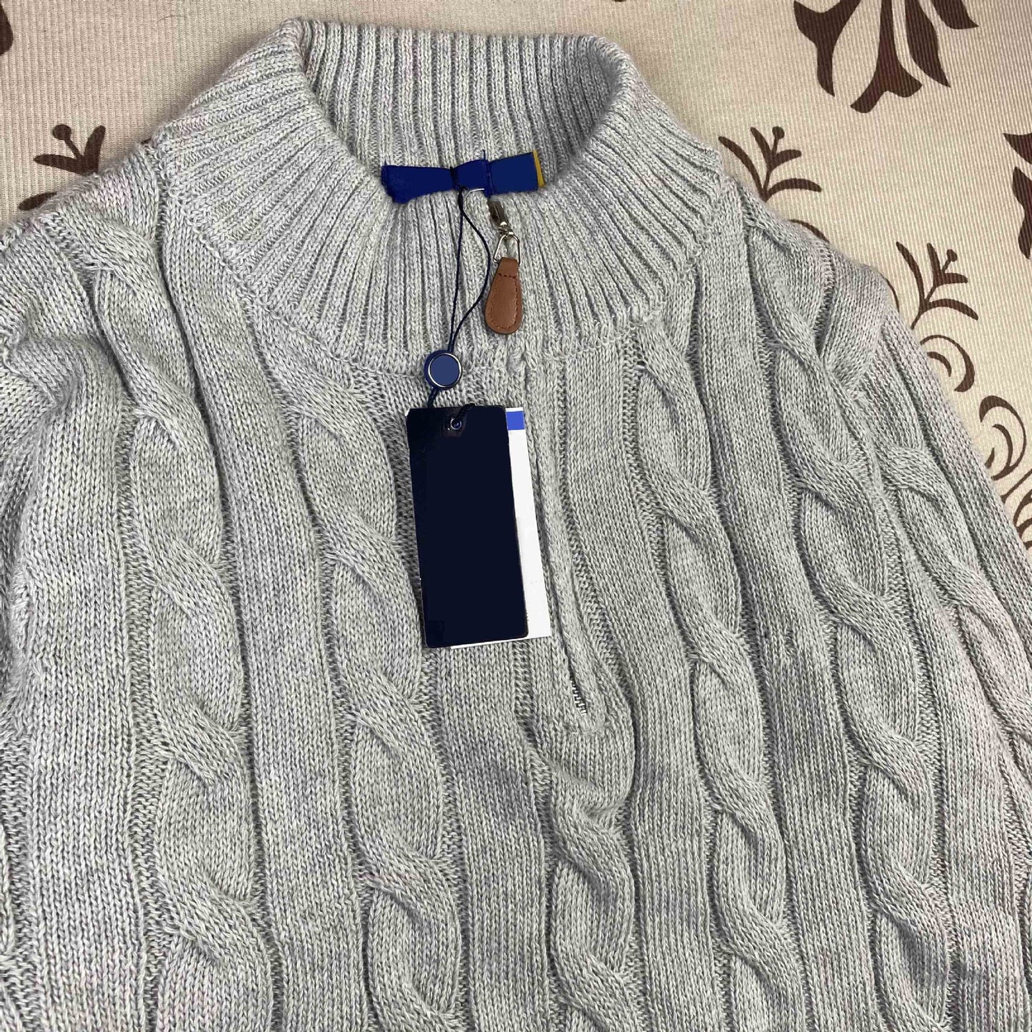 Real Shot RL Raffi Pony Label Embroidered Knit Sweater Men Autumn Winter Stand Collar Cable Couple Half Zip Sweater Women