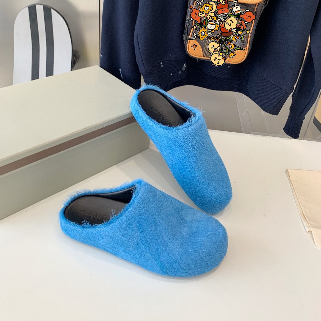 2024 New Couple Candy Color Internet Celebrity Same Style Fashion Closed-Toe Fur Slippers Women Flat Casual Horse Hair Half Slippers Men Shoes