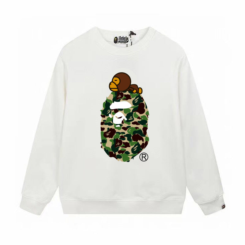 Terry Sweatshirt with Ape Man Letter Print, Unisex, Pure Cotton, Loose Fit, Thin, Crew Neck Pullover Top, Outerwear