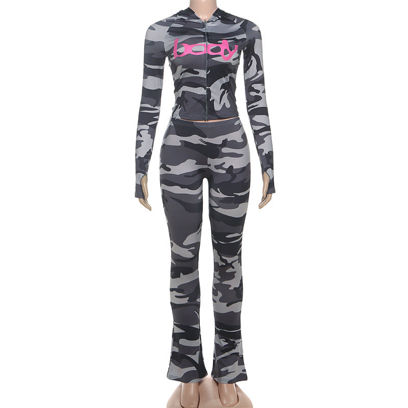 2025 Autumn Women's New Fashion Hooded Camouflage Print Long Sleeve Sports Trendy Slim Fit Long Pants Two-Piece Set