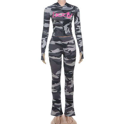2025 Autumn Women's New Fashion Hooded Camouflage Print Long Sleeve Sports Trendy Slim Fit Long Pants Two-Piece Set
