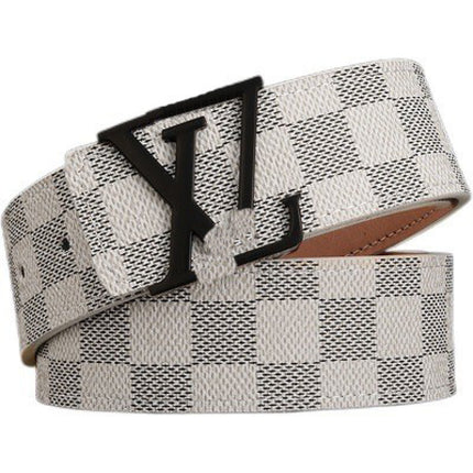 New Men's Belt Smooth Buckle Waist Belt Letter Youth Plaid Pattern Belt Korean Style Trendy Casual Versatile