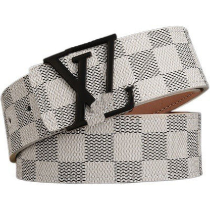 New Men's Belt Smooth Buckle Waist Belt Letter Youth Plaid Pattern Belt Korean Style Trendy Casual Versatile