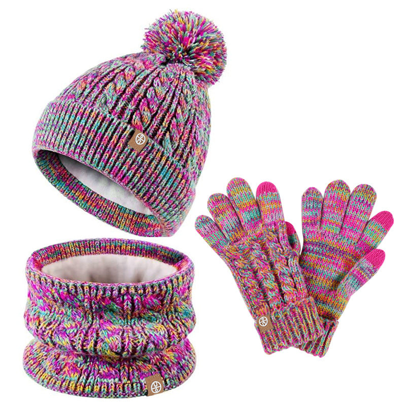 Children's Fur Ball Hat Scarf Gloves Three-Piece Set Winter Children Fleece-lined Thermal Knitting Suit