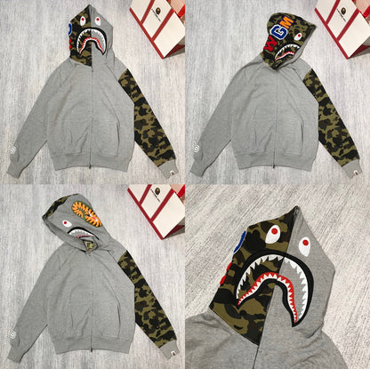 Fashion Brand Shark Camouflage Zipper Sweater Men and Women Couple Loose Cotton Fleece-lined Hooded Cardigan Coat Men