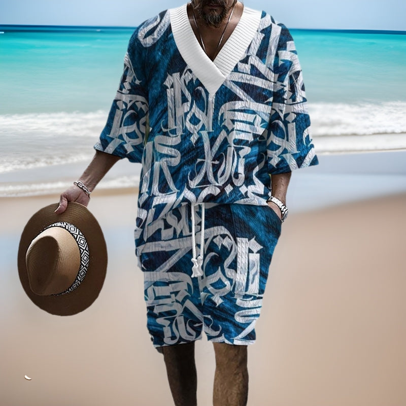 Graffiti Print Men's Three-Quarter Sleeve Short Sleeve Shorts Oversize Drop Shoulder Casual Set